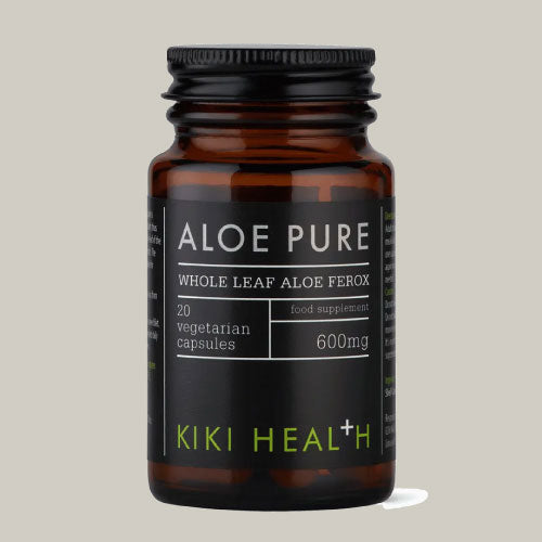 Shop KIKI Health Aloe Pure, whole‑leaf Aloe ferox in vegetable capsules. Gentle support for digestive wellness. 20 vegicaps. Available at BiosenseClinic.